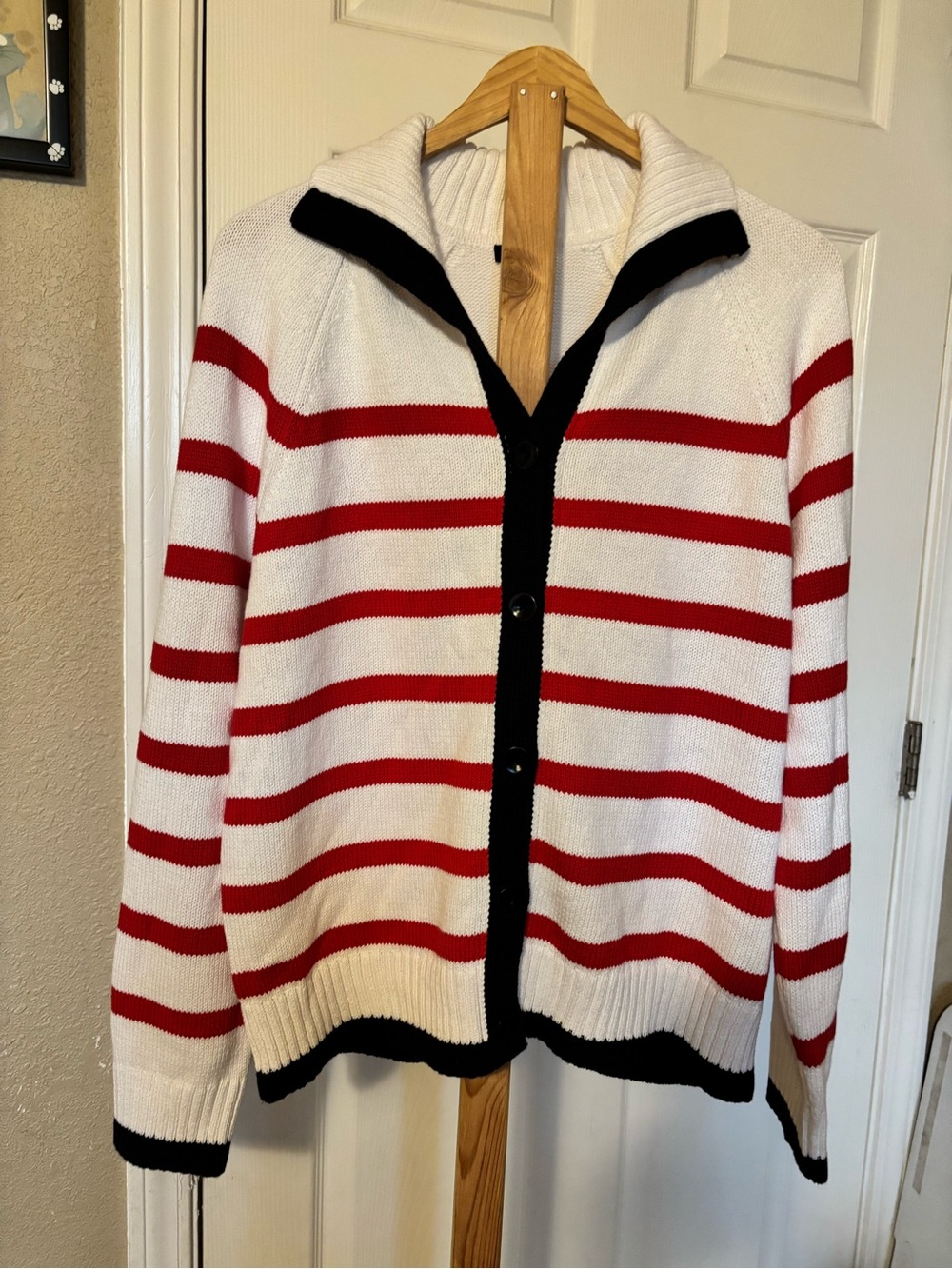 Talbots White Sweater Cardigan with Red Stripes and Black Trim